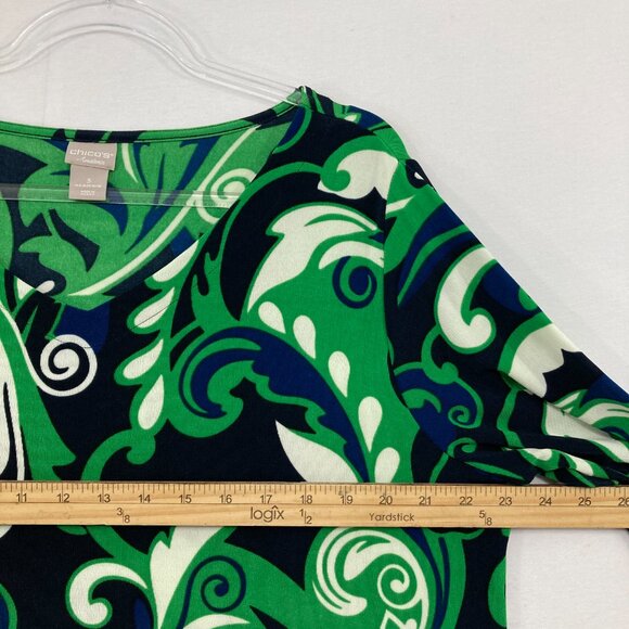 Chico's Travelers size 16/18 Green Blue Abstract Slinky Knit 3/4 Sleeve Top - Picture 6 of 10